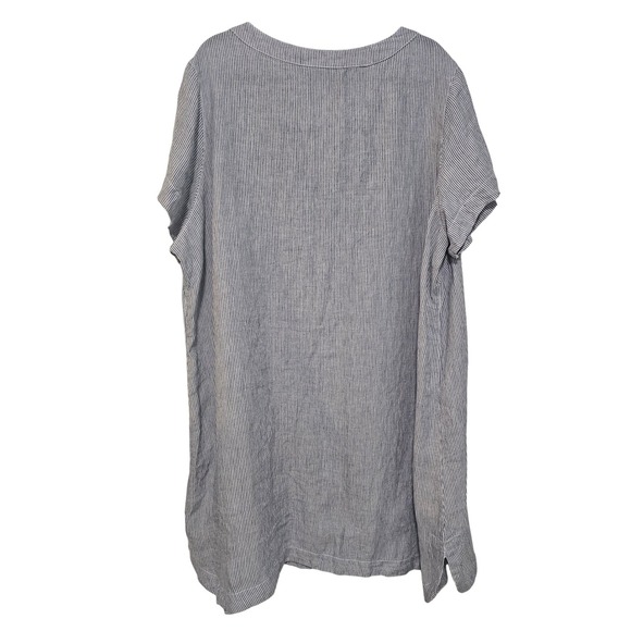 Tahari 3X Linen Shift Dress Blue White Pinstripe Split Neck Coastal Casual NWT - Picture 2 of 7